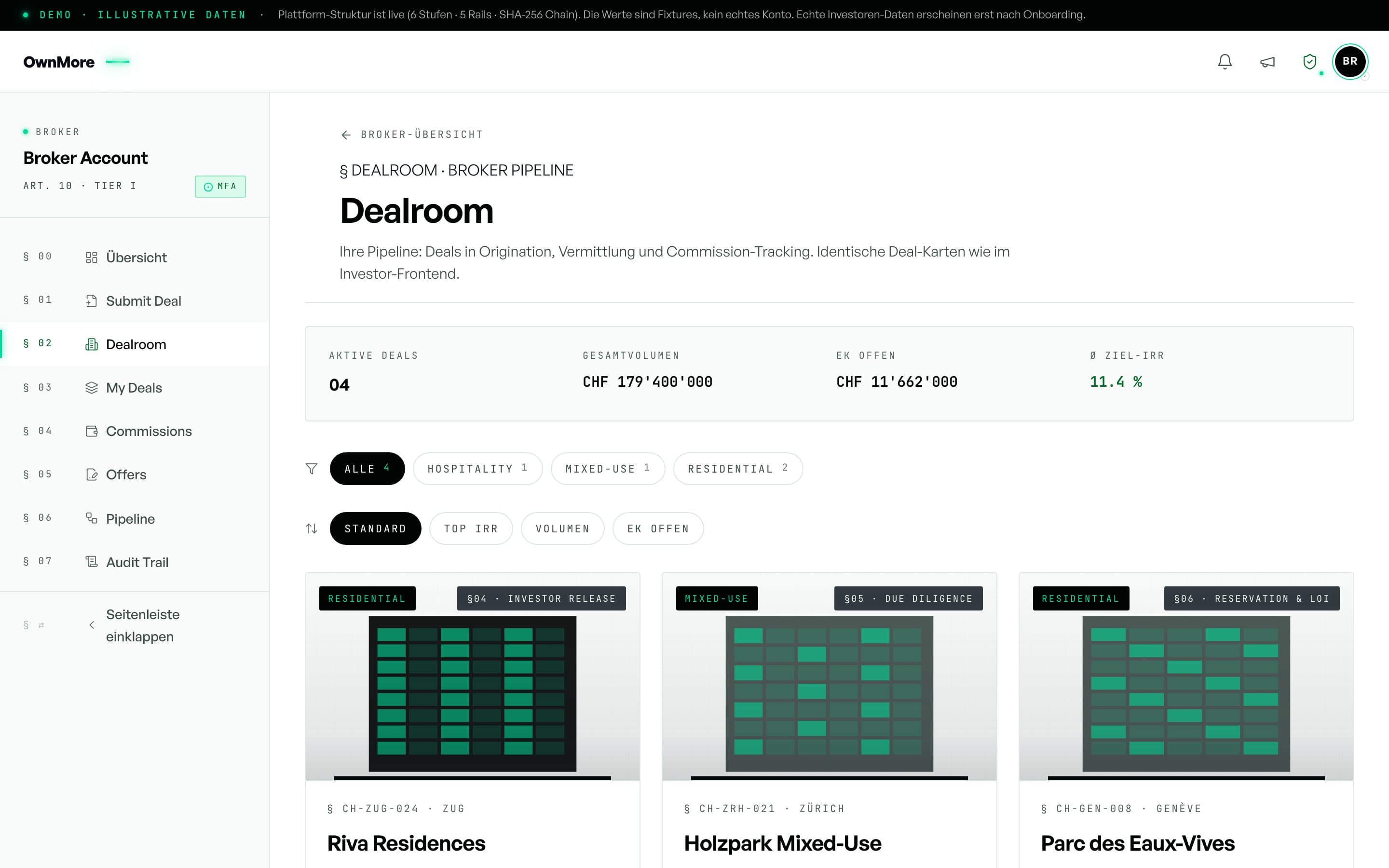 Broker-Pipeline mit denselben Deal-Karten wie das Investoren-Frontend