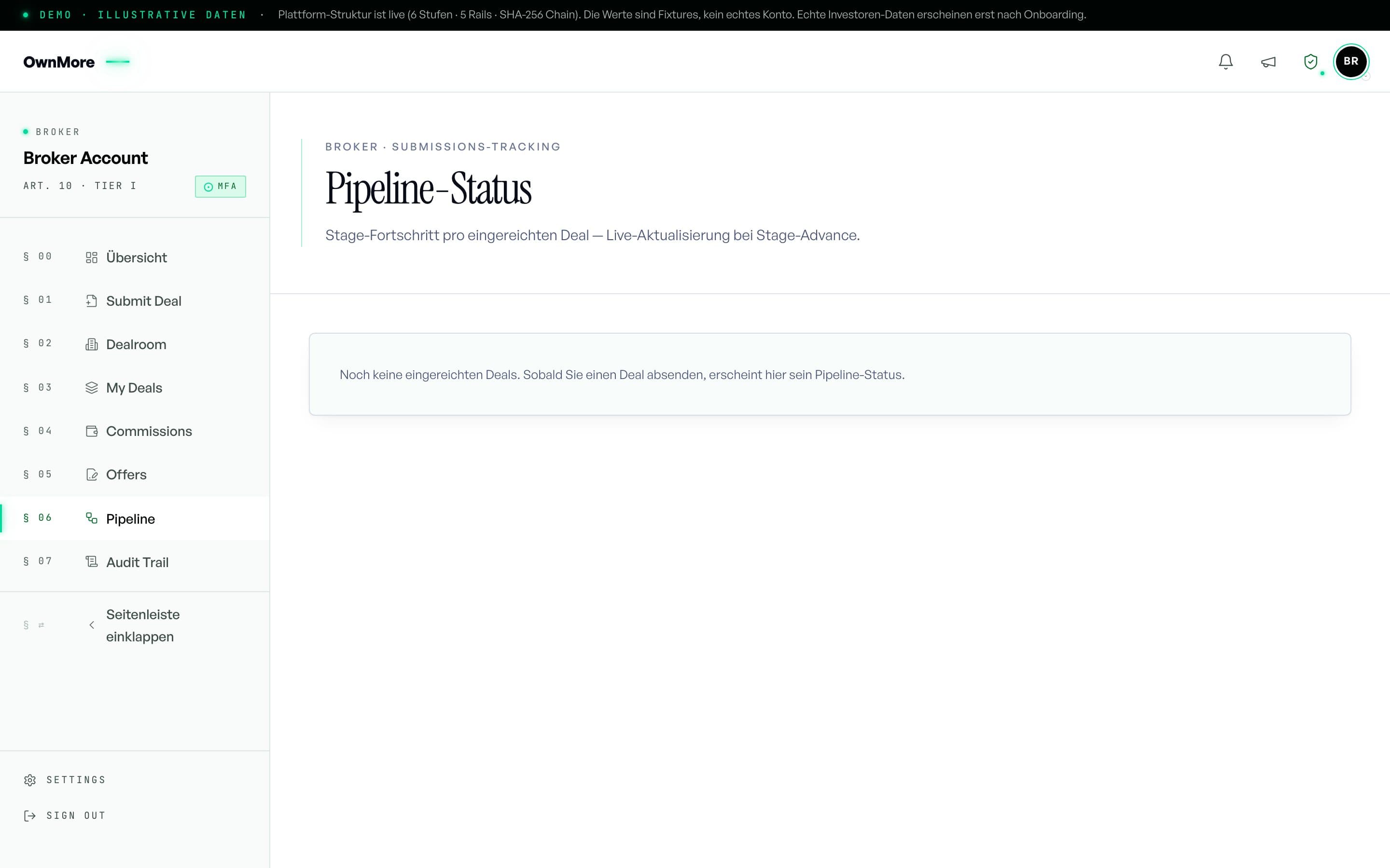 Pipeline mit Deal-Status und Provisions-Spur