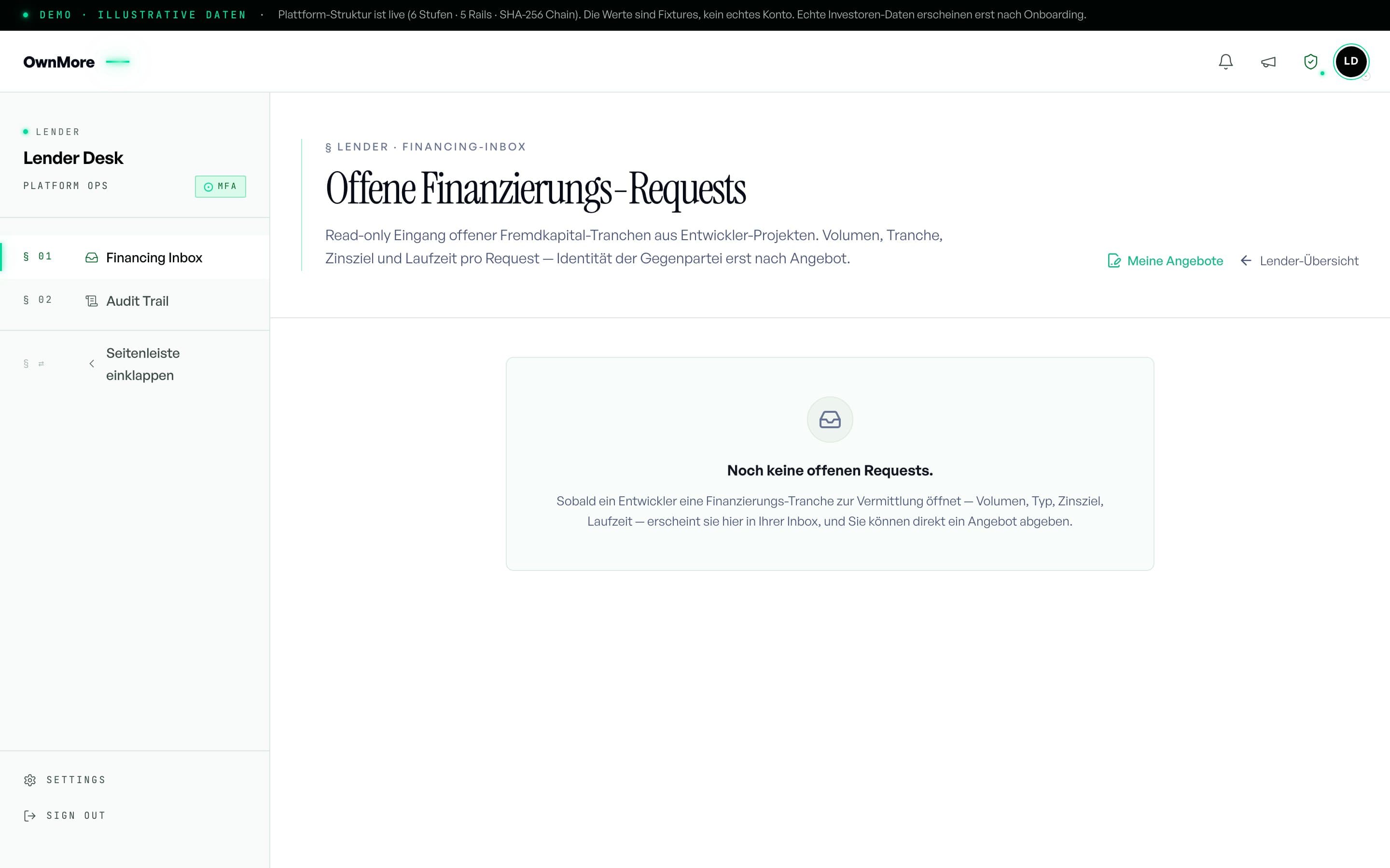 Financing inbox with requests and offer status
