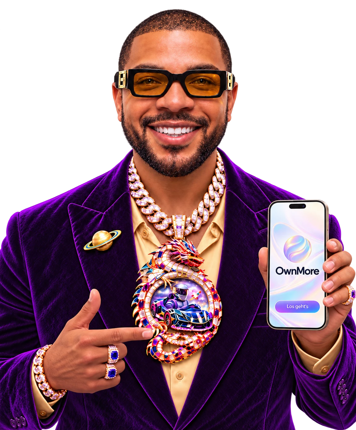 KI-generierte Darstellung von Leon, frontal mit Dragon Chain und Smartphone